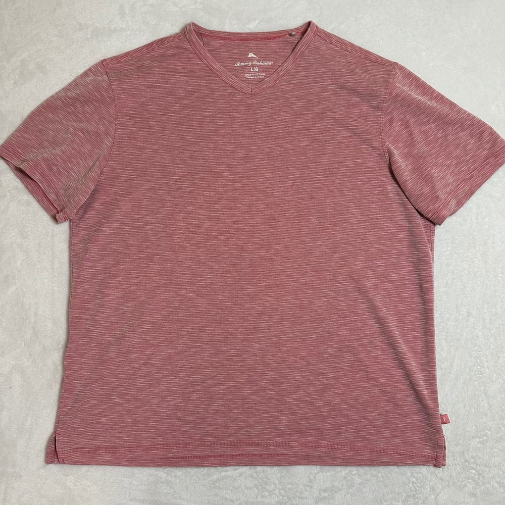 Tommy Bahama Men's L Red Coral V-Neck T-Shirt Slub Knit Short Sleeve Summer Tee